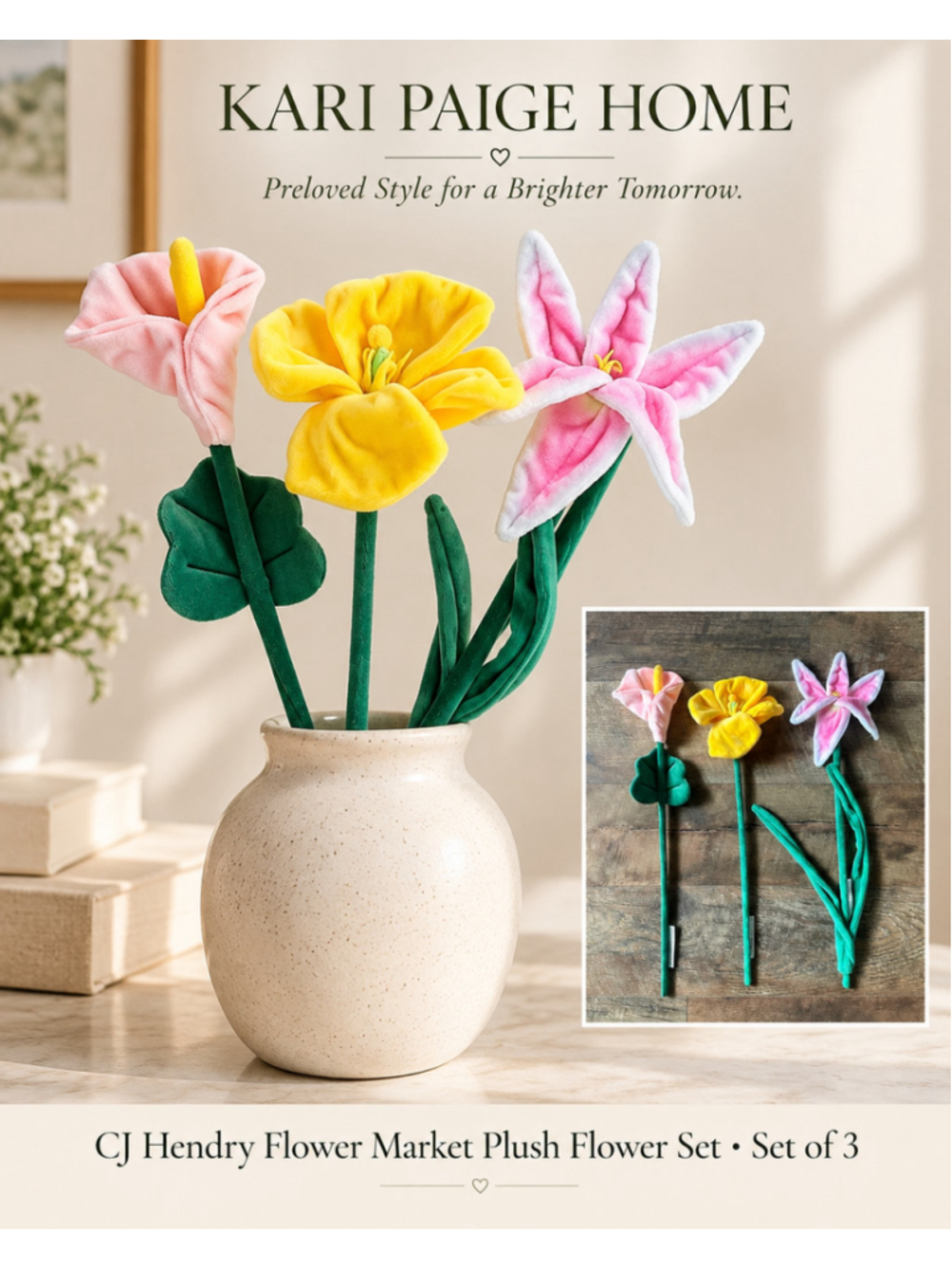 CJ Hendry Flower Market NYC Pop-Up Plush Flowers Set of 3 Collectible Art Decor